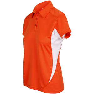 An orange and white women's polo shirt with a collar and short sleeves, featuring a logo on the side.