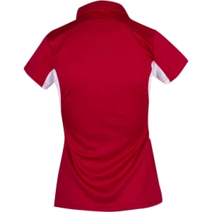 A red women's polo shirt with white accents and a collar, featuring a logo on the back.