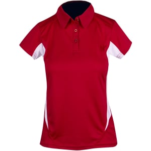 A women's polo shirt in red with white accents and a branded logo on the chest. Short sleeves and a collared design.