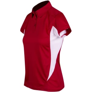 A red and white women's polyester polo shirt with a collar and short sleeves, featuring a logo.