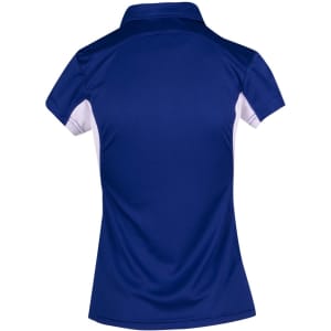 A women's polyester polo shirt in navy blue with white accents, featuring a collared neck and a fitted style.