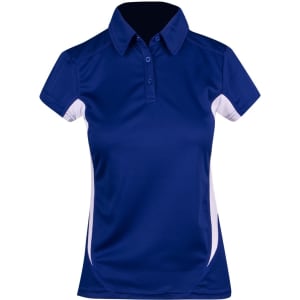 A women's polo shirt in navy blue with white side accents and a collar, featuring a logo.