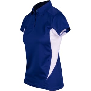 A women's polo shirt in navy blue with white side panels and a collar. The shirt also features a logo.