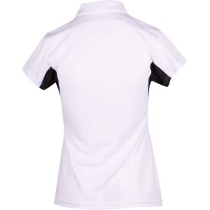 A women's polo shirt featuring a white front and black sleeves, with a collar and a logo on the back.