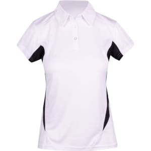 A white polyester polo shirt with black accents and a collar, featuring a logo on it.