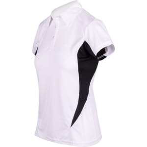 A white women's polo shirt with black side panels and a collar. It features a logo on the sleeve.
