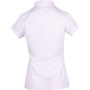 A white women's polyester polo shirt featuring a collar and short sleeves, with a small branding logo.