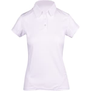 A white women's polyester polo shirt with a collar and short sleeves, featuring a logo on the chest.