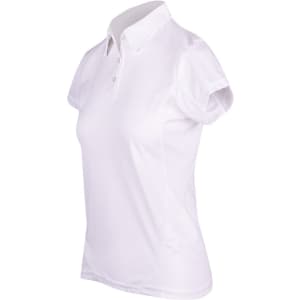 A white women's polyester polo shirt featuring a collar and short sleeves, with a logo on the chest.