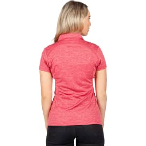 A women's polo shirt in a vibrant pink hue, featuring a collar and short sleeves, with a logo on the back.