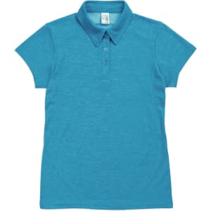 A teal women's polo shirt made of 100% polyester with a collar and short sleeves. Features a logo on the chest.