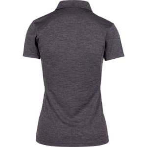 A women's polo shirt in dark grey, featuring a collared design and a logo on the front.