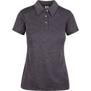 A dark grey women's polo shirt made of 100% polyester with a three-button placket and a collar. It features a logo.