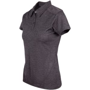 A grey women's polo shirt made of 100% polyester, featuring a collar and short sleeves. The shirt has a logo.