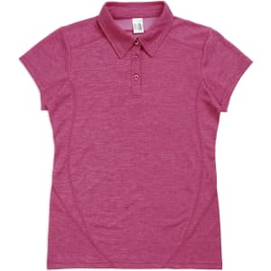 A pink women's polo shirt made of 100% polyester, featuring a collar and buttons, with a logo on it.
