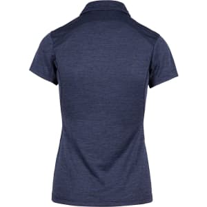 A women's polo shirt in navy blue, featuring a classic collar and a logo on the back.