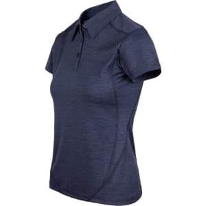 A women's navy polo shirt made of 100% polyester with a collared neckline and short sleeves. It features a logo.