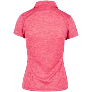 A women's polo shirt in vibrant pink, featuring a collar and short sleeves. The back has a subtle texture and a logo.