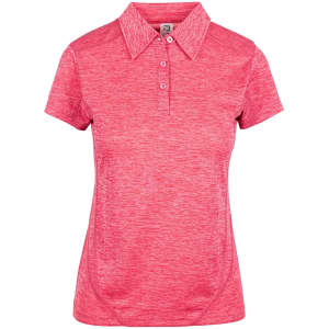 A women's polo shirt in vibrant pink, made from 100% polyester, featuring a collar and button-up front.