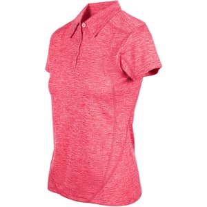A pink women's polo shirt made of 100% polyester, featuring a collar and a branded logo.