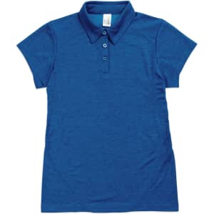 A women's polo shirt in a vibrant blue colour, made of 100% polyester, featuring a collar and short sleeves.