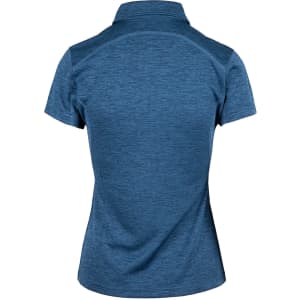 A back view of a blue women's polo shirt made from 100% polyester, featuring a collar and a logo.