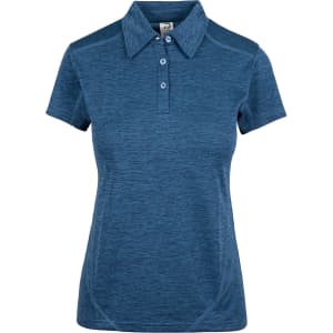A women's polo shirt in a blue melange fabric, featuring a collared neck and buttons, with a logo displayed.