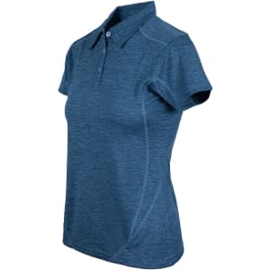 A women's polo shirt in a blue heather colour, made of 100% polyester, featuring a collar and a logo.