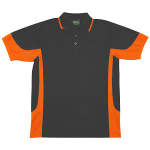 A men's polo shirt in black with contrasting orange sleeves and side panels, featuring a collar and three buttons.