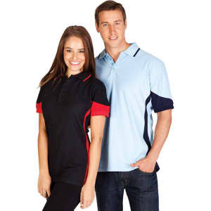 A black polo shirt with red accents on a woman and a light blue polo shirt with navy detailing on a man, both with logos.