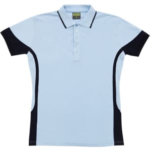 A light blue polo shirt with black contrast panels, featuring a classic collar and three-button placket.