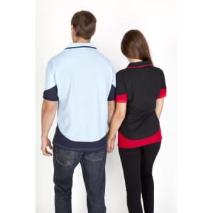 A polycotton polo shirt in light blue with navy accents and a black polo with red details, modelled from the back.