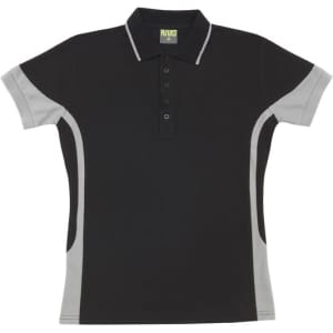 A women's polycotton polo shirt in black with grey contrast panels and a short collar. It features buttons and an embroidered logo.