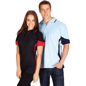 A black and red women's polo shirt and a light blue men's polo shirt, both featuring contrasting details and logos.