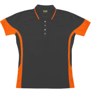 A women's polo shirt in black with orange contrast panels, featuring a collar and buttons. It has a logo on the front.