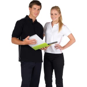 A man in a black polo shirt and a woman in a white polo shirt, both with contrasting piping, holding a folder.