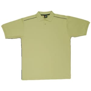 A light yellow polo shirt featuring contrasting piping, designed for men or unisex wear. It has a collar and short sleeves.