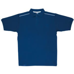 A navy blue polo shirt featuring a collar, short sleeves, and piping details. The design includes a logo.