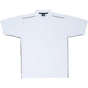 A white polo shirt with piping detail, featuring short sleeves and a collar, with a logo on the chest.