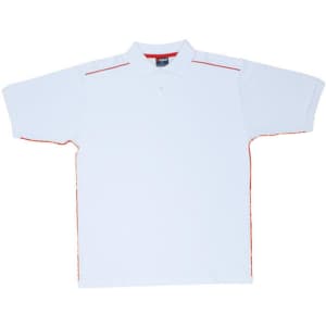 A white polo shirt with red piping, featuring a collar and short sleeves. It includes a logo on the upper part.