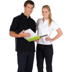 A man in a black polo shirt and a woman in a white polo shirt hold a folder, both smiling.