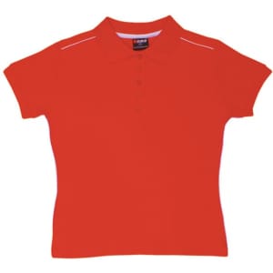 A red women's cotton pique knit polo shirt featuring piped detailing and a logo on the collar.