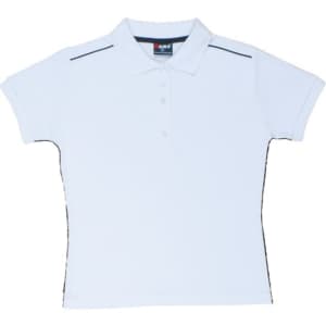 A women's light blue cotton pique knit polo shirt with piping details and a logo.