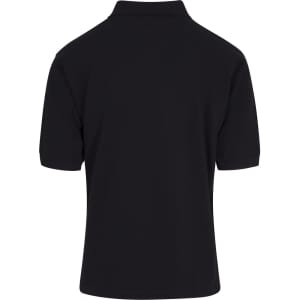 A black men's cotton pigment dyed polo shirt featuring a classic collar and short sleeves, with a logo on the side.