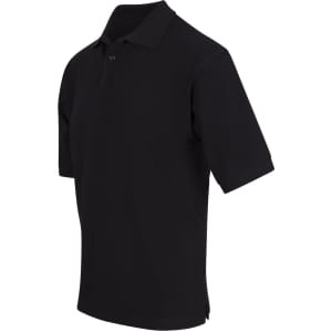 A black men's cotton pigment dyed polo shirt with a classic collar and short sleeves, featuring a logo.