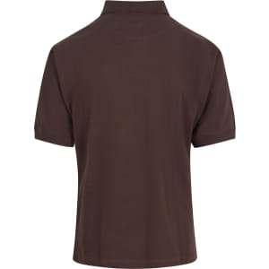 A dark brown men's polo shirt with a classic collar, featuring short sleeves and a logo.