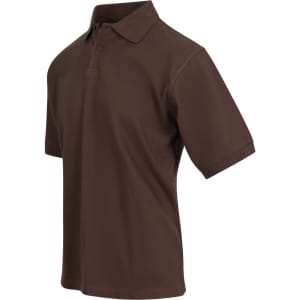 A brown men's cotton polo shirt with short sleeves and a collar. It features a small logo on the chest.