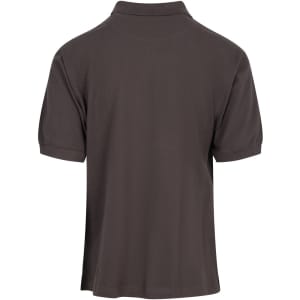 A dark grey polo shirt with a collar, featuring short sleeves and a logo on the back.