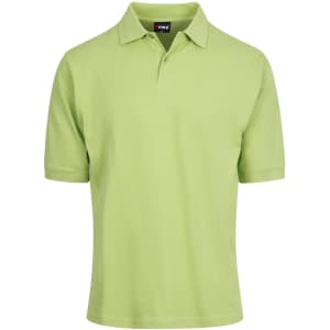 A light green men's cotton polo shirt featuring a collar and short sleeves, with a logo on the neck label.