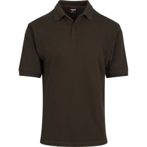 A dark green men's cotton pigment dyed polo shirt with a collar and short sleeves, featuring a logo.